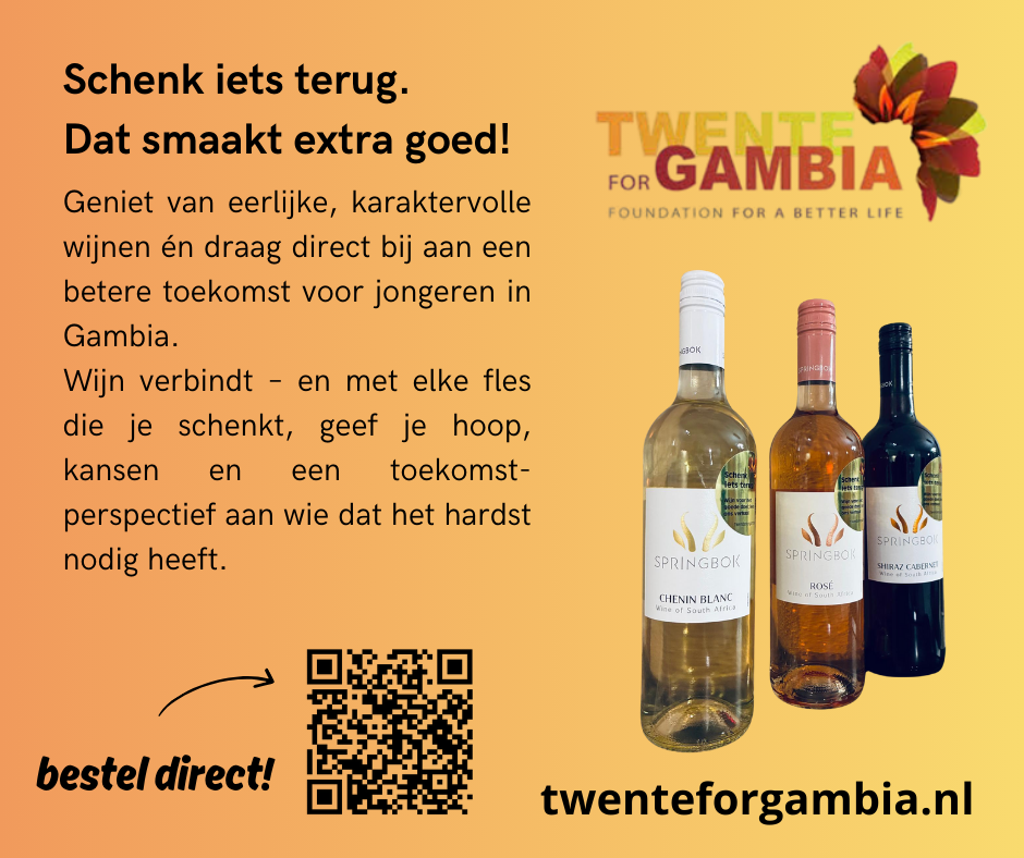Schenk iets terug. Dat smaakt extra goed! Bij Stichting Twente for Gambia geniet je van eerlijke, karaktervolle wijnen én draag je direct bij aan een betere toekomst voor jongeren in Gambia. Wijn